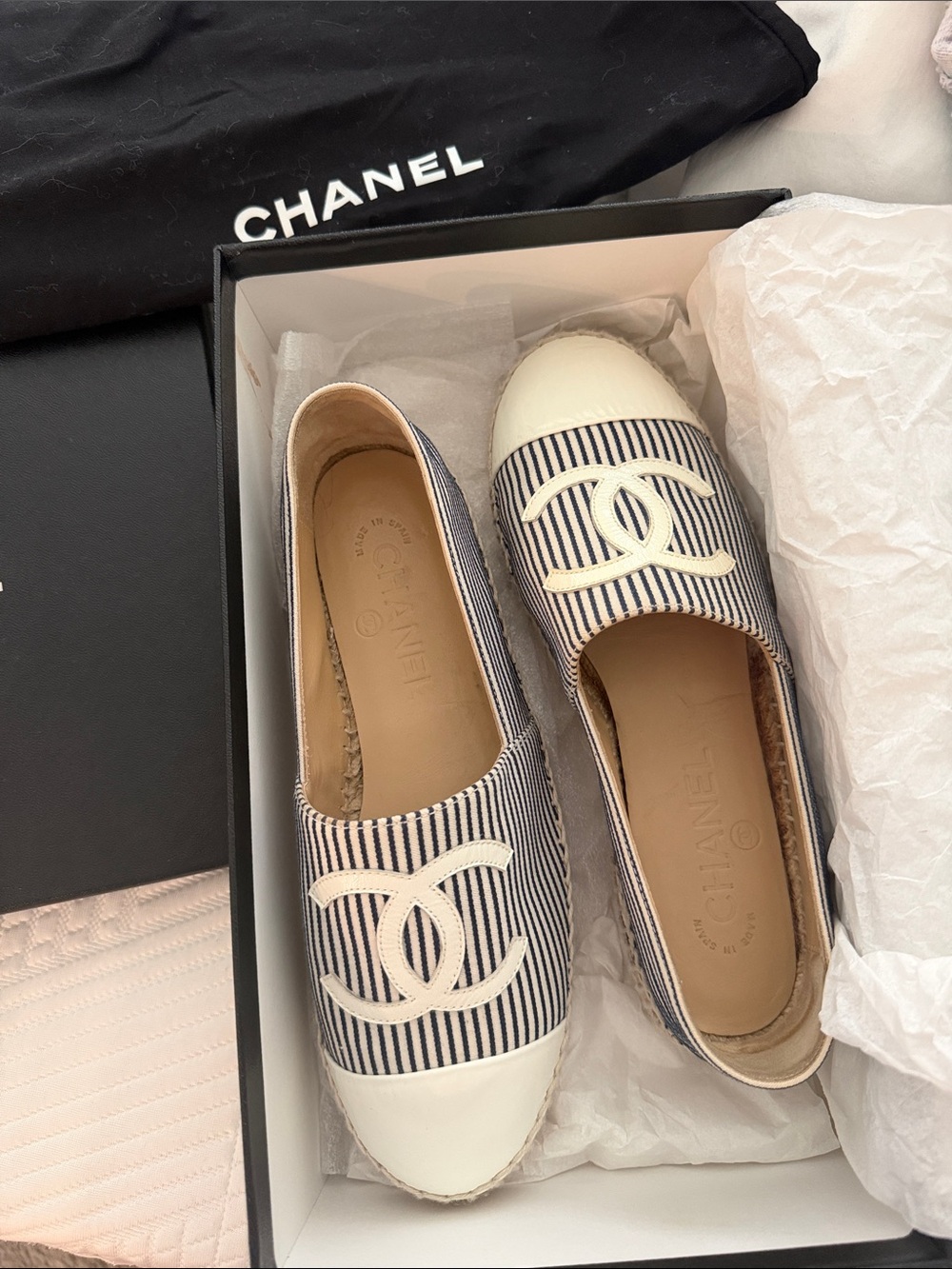 CHANEL Navy and White Striped Espadrille with White Cap Toe
